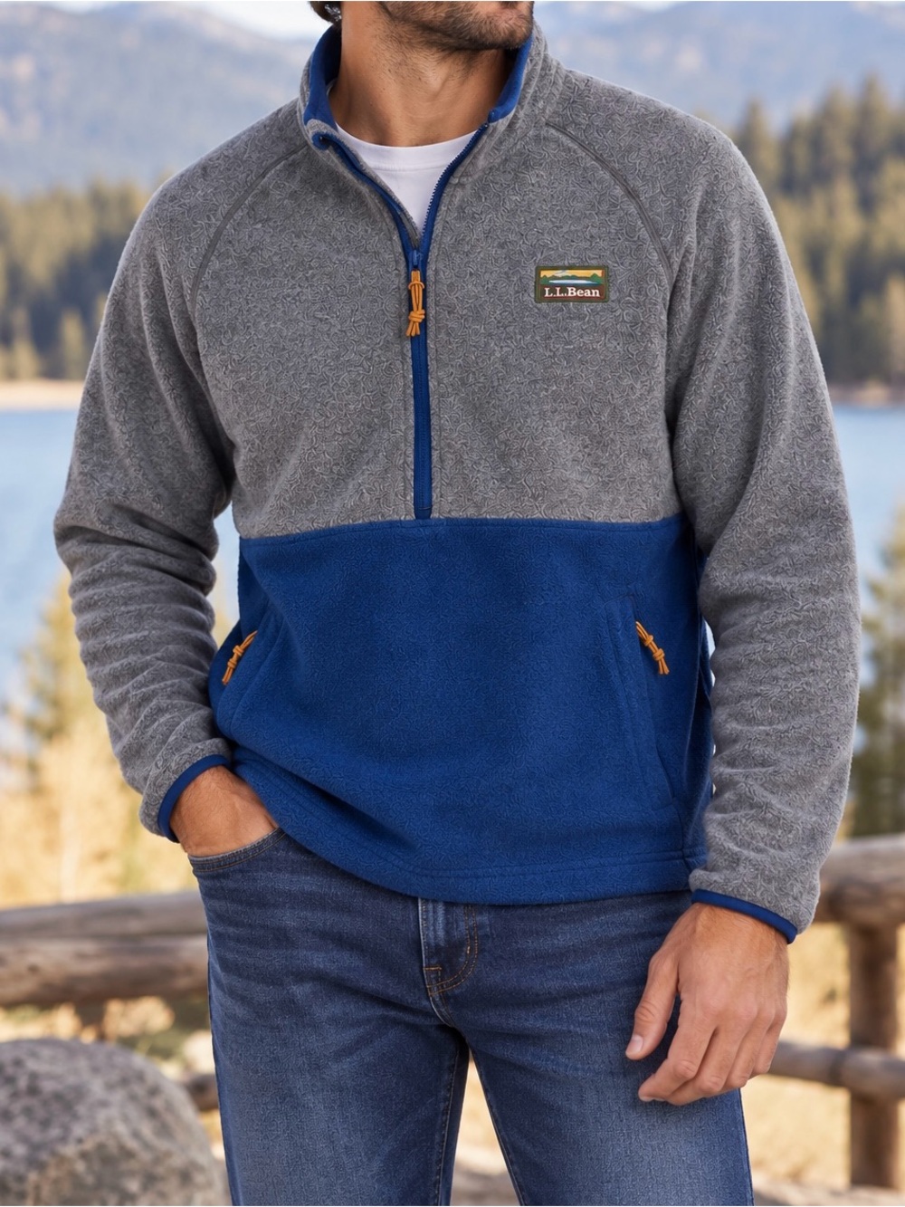 L.L.Bean Mountain Classic Fleece Men’s L Gray Blue Colorblock 1/4 Zip